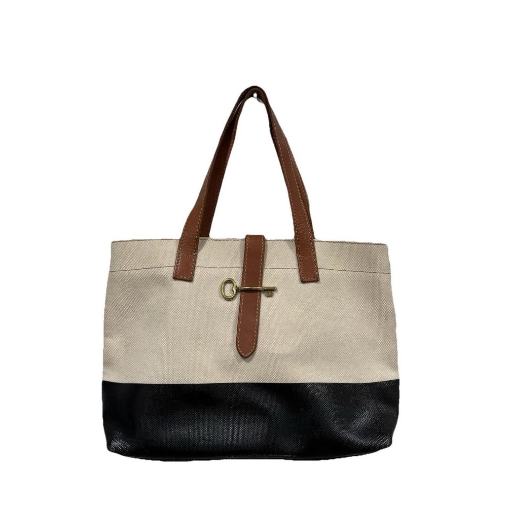 FOSSIL Austin Shoppper Off White Black Cotton Canvas Tote Shopper Canvas Bag‎